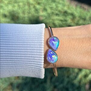 Light Sapphire Aurora Borealis +Rose Gold Pear Crystal Boho Bangle Bracelet